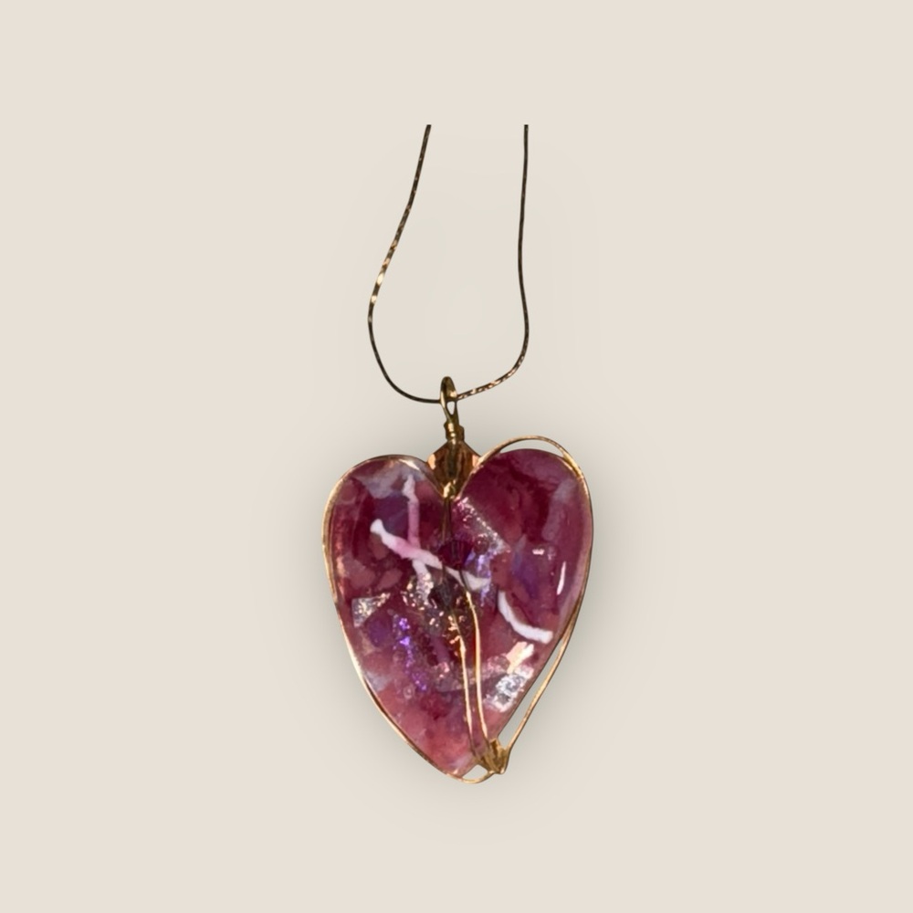 Dichroic Glass Heart Necklace Wire Wrapped  Gold Tone Bale Chain Pink Gold Red